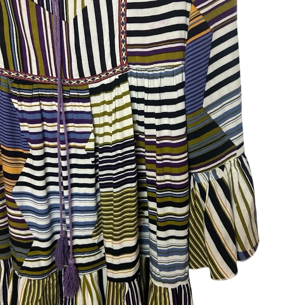Velzera Boho Striped Tunic Top Small Ruffle Hem Tassel Tie - Picture 5 of 11
